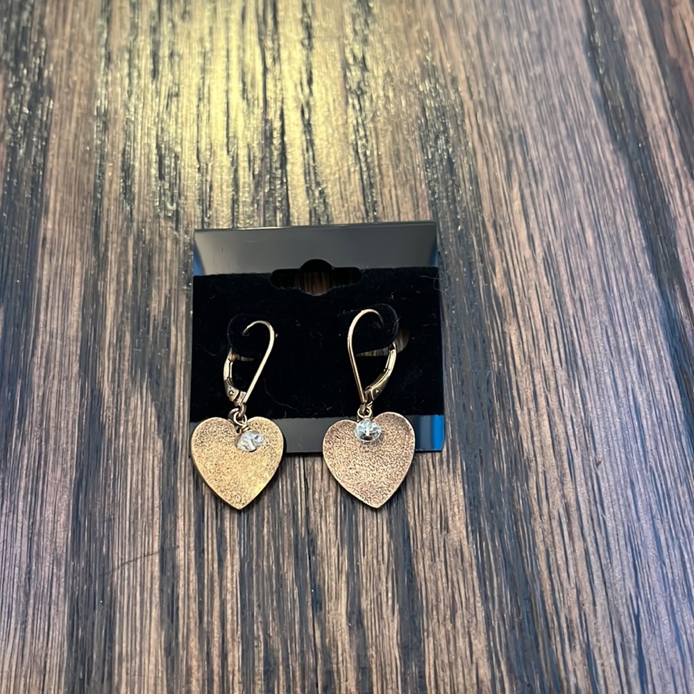 Janna Conner Brushed Gold Plated Heart / Crystal Earrings New